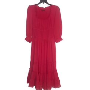 Antheaa Tiered Ruffled Swiss-Dot Chiffon Midi Dress Fuscia Size M